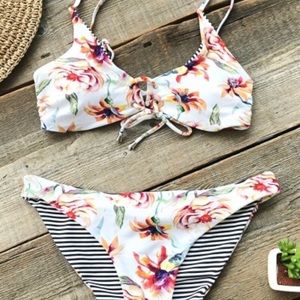 Floral and striped reversible bikini